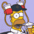 Pixelated cartoon character with yellow skin wearing a black cap and red earflaps, holding a beer mug against a light purple background.