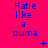 Blue text 'Katie like a puma' on bright pink background with animated symbols appearing and disappearing in the