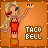 Pixel art contact sheet showing two frames of a Taco Bell mascot animation with blonde hair, red dress, and raised arm holding a taco-shaped object against an orange background.
