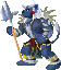Blue anthropomorphic creature with white mane, yellow eyes, red cheek spot, holding large spear-like weapon, wearing armor and colorful sash, standing in pixelated style.