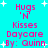 Pixelated cyan background with pink text and white stars, displaying 'Hugs 'N Kisses Daycare By: Quinn' in two identical vertical sections.