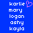 Blue background with white pixelated text listing names and a pink heart symbol, displayed in two