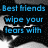 Blue text on black background reads 'Best friends wipe your tears with' above 'But true friends let you wipe your boogers on their' next to white text 'KLEENEX FAVORITE SHIRT' over grayscale abstract shapes.