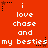 Red background with white pixelated text repeating 'i love chase and my besties' across three , each containing three identical copies of the phrase