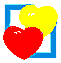 Nine pixelated heart icons arranged in a , each with two overlapping hearts inside a colored square frame