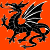 Black dragon with silver wing accents on solid orange background, pixelated rendering with visible anti-aliasing, four limbs, wings spread, tail curled, head facing left.