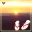 Animated sunset scene with flip-flops on dark water, heart icon changes color across frames.
