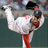 A pixelated image of a baseball player in mid-pitch on the left, with red background and black text 'go Red Sox!' on the right.