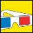 Static pixel art icon with yellow background, white horizontal band, blue square on left, red square on right, and yellow curved shape below.