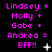 Pixelated text displays names and symbols on a black background with animated sparkles and dots appearing in sequence.