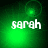Green-toned pixelated icon with white text 'sarah' and shifting light effects
