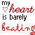 Animated contact sheet showing 10 frames of a buddy icon with red text 'my heart is barely beating' and gray heart symbol, fading from solid to transparent across frames.