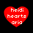 Four red heart-shaped icons with white text reading 'heidi hearts ari' on black background, two showing pixelated edges and two smooth.