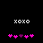 Pixelated white 'xoxo' text above pink and purple heart symbols on a black background, with two identical frames showing slight heart position differences.