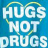 Static 48x48 pixel buddy icon with blue background, white text reading "HUGS NOT DRUGS", and a yellow heart outline surrounding the text.