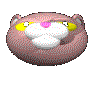 Pixelated pink cat head with yellow eyes and white muzzle, showing five distinct facial expressions