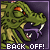 Green reptilian creature with orange eye stripe, purple tongue, and white fangs displays 'BACK OFF!' text in pixelated font against dark purple background.