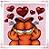 A pixelated character in orange clothing with a wide grin, surrounded by floating dark red hearts against a light pink background.