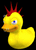 Pixelated yellow duck with orange beak and red spiky crest, blue eye on black background.