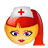 Pixelated cartoon character with red hair and nurse cap, two views showing different facial expressions and hair positioning.
