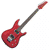 Red electric guitar with dark brown neck and headstock, visible control knobs, and small colored accents on the body.