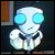Pixelated static icon of a cartoon robot with glowing blue eyes and white body against dark background.