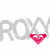Gray 'ROXY' text with red diamond-shaped logo appears in three positions on white background, one partially obscured by gray rectangle.
