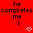 Red background with repeated black text 'he completes me :)' and white pixel hearts arranged in a pattern