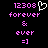 Pixelated text and symbols in pink on black background with a white heart outline above 'forever' on the left side.