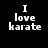 Black background with white pixelated text reading "I love karate" and "gotta problem?" arranged in a split layout with a gray rectangle on the right.