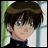 Pixelated anime-style character with brown hair and green eyes, wearing a dark uniform with blue collar, positioned next to black background with white text.