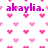 Pixelated graphic with purple text 'akaylia.' above pink heart shapes on white background.