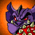 Purple dragon-like creature with red eyes and golden teeth against orange background, showing animation frames with white light effects.