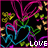 Pixelated icon with black background, colorful abstract lines in pink, blue, green, and yellow, and white text 'LOVE' at bottom right.