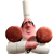 Pixelated character with pink skin, brown hair, and a white chef's hat holding two brown meatballs on a white plate.