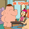 Animated cartoon scene with two characters in a room, one large pink-skinned character standing and another smaller character seated at a table.