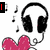 Pixelated cartoon head wearing black headphones, pink bow, and musical notes with changing text overlays.