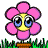 Pixelated flower icon with pink petals, yellow center, and large blue eyes on the stem base, set against white background with green grass at bottom.