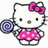 Pixelated Hello Kitty icon with pink polka-dot dress, pink bow, and blue lollipop; text 'Lollipop.' appears in multiple positions.
