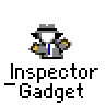 Animated contact sheet of Inspector Gadget character icon with 17 frames showing red antenna movements and static body, labeled "Inspector -Gadget" text below each frame on gray background.