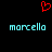 Red pixelated heart symbol above two cyan text instances of 'marcello' on black background.