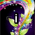 Animated icon with shifting background colors and text elements 'i', 'luv', 'me' appearing sequentially over a pixelated collage.