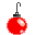 Two pixelated spherical ornaments with hooks hang side-by-side against a gray background, one red with light pink highlights, the other black with light pink highlights.