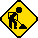 Three yellow diamond-shaped warning signs with black silhouettes of workers performing tasks, displayed in a against a gray background