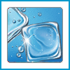 Blue background with two translucent water droplets and multiple small bubbles, rendered with glossy highlights and silver outlines.