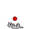 Pixelated cartoon cat with blue eyes and pink nose lies on gray background, interacting with red striped ball in multiple poses.