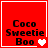 Red square icon with black text "Coco Sweetie Boo" and white heart symbols changing from one to two then three across frames.