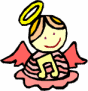 Animated angel icon with yellow halo, red wings, and pink striped dress on cloud base.