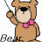 Pixelated cartoon bear mascot with pink bow tie holding green balloon string, displayed in 2x2 contact sheet of animated frames showing slight pose variations.