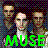 Pixelated static image of three stylized human figures with green text "MUSE" at the bottom, set against a dark checkered background.